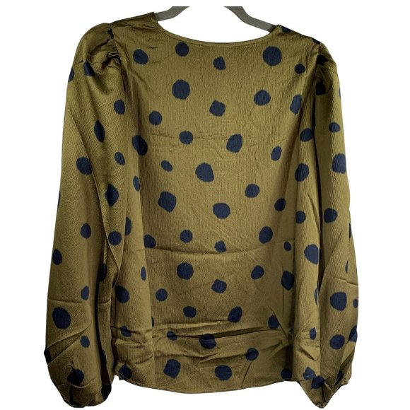 G by Giuliana V-Neck Puff Long Sleeve Blouse Size Small Olive & Black Dot NWT - Picture 3 of 11